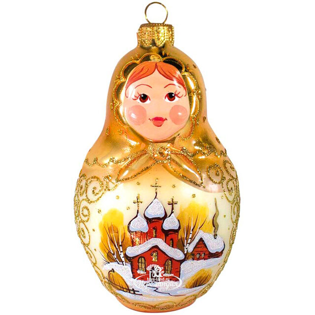 Стеклянная елочная игрушка Матрешка - Золотой звон 11 см, подвеска Фабрика Ариель