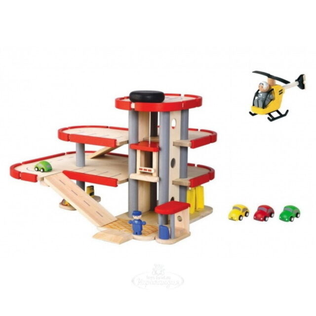 Деревянный гараж с машинками 50*36 см Plan Toys