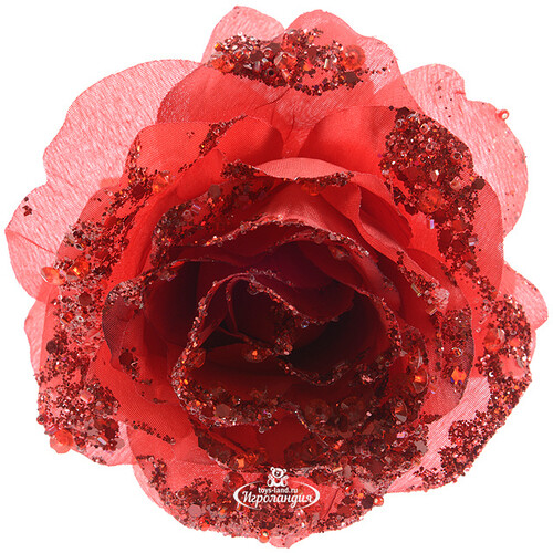 Роза Искристая 14 см красная, клипса Kaemingk