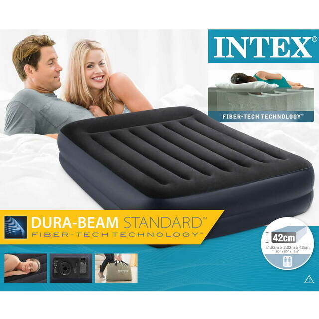 Надувная кровать с насосом Pillow Rest 152*203*42 см темно-синяя с синим INTEX