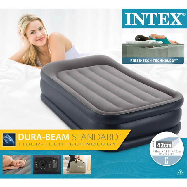 Надувная кровать с насосом Deluxe Pillow Rest 99*191*42 см серо-синяя INTEX