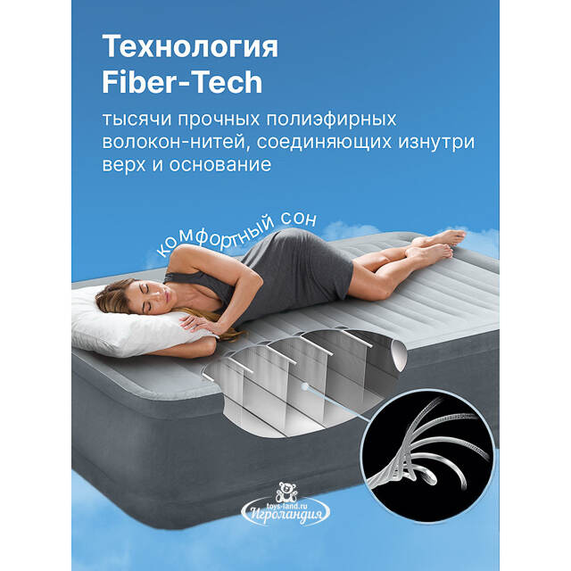 Надувная кровать с насосом Deluxe Pillow Rest 152*203*42 см серо-синяя INTEX