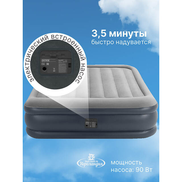 Надувная кровать с насосом Deluxe Pillow Rest 152*203*42 см серо-синяя INTEX