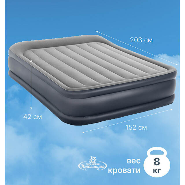 Надувная кровать с насосом Deluxe Pillow Rest 152*203*42 см серо-синяя INTEX