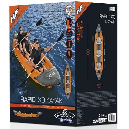 Надувная байдарка Rapid-X3 трехместная 381*100 см + насос и весла Bestway