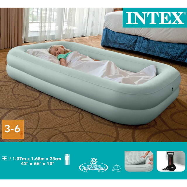 Детская надувная кровать с бортиками Kidz Travel 107*168*25 см, ручной насос INTEX