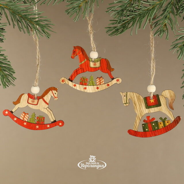 Набор деревянных елочных игрушек Бристольская Лошадка-Качалка 7 см, 9 шт, подвеска Breitner