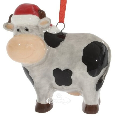 Елочная игрушка Корова Эвелин 6 см в рождественском колпаке, подвеска Снегурочка