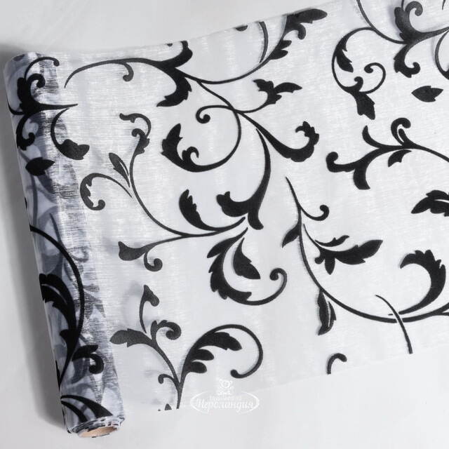 Ткань для декорирования 30*500 см серебряная с черным, органза с флоком Koopman