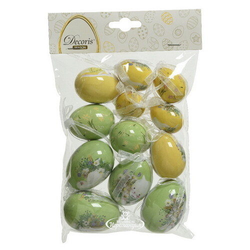 Пасхальные украшения Яйца с лентами - Happy Easter 4-6 см, 12 шт, подвеска Kaemingk