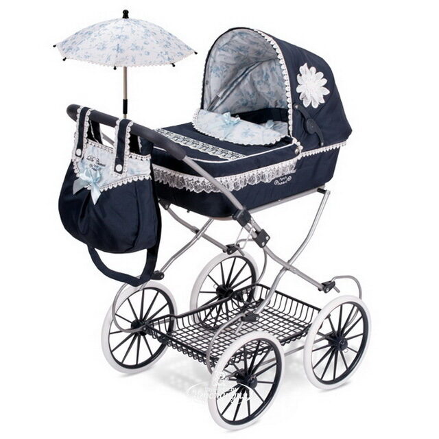 Коляска для куклы Романтик с сумочкой и зонтиком 81 см темно-синяя с белым Decuevas Toys