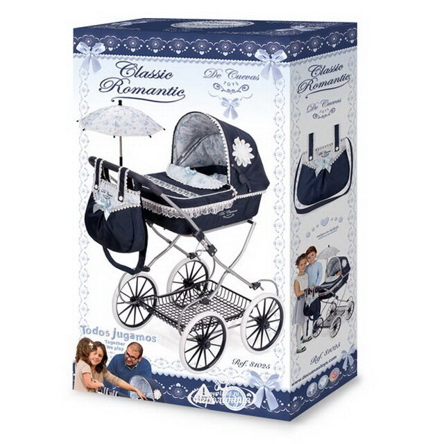 Коляска для куклы Романтик с сумочкой и зонтиком 81 см темно-синяя с белым Decuevas Toys