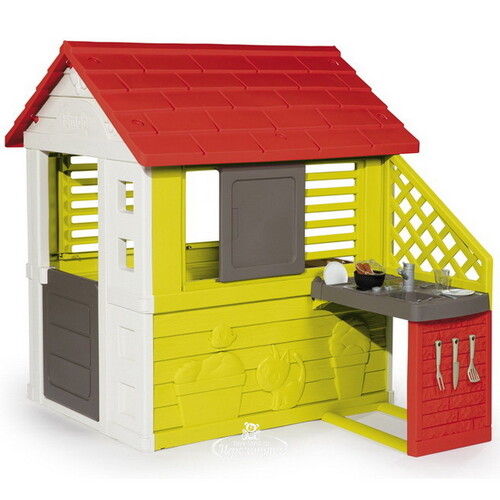 Детский игровой домик с кухней, салатовый с красным, 145*110*127 см Smoby