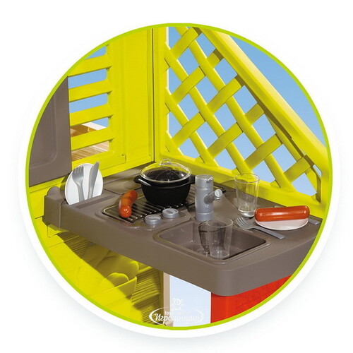 Детский игровой домик с кухней, салатовый с красным, 145*110*127 см Smoby