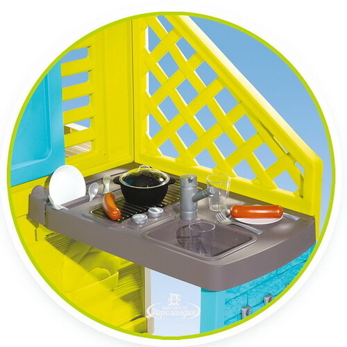 Детский игровой домик с кухней, салатовый с синим, 145*110*127 см Smoby
