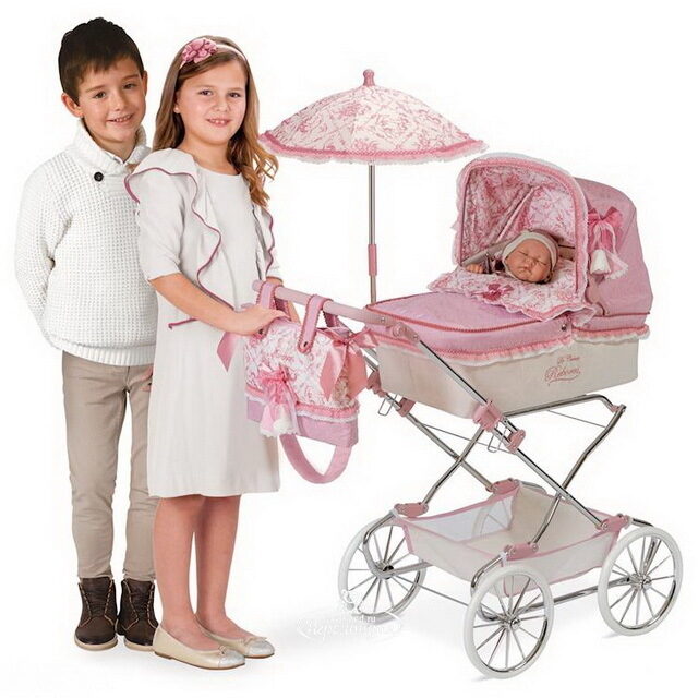 Коляска для куклы Даниэла с сумкой и зонтиком 90 см бело-розовая Decuevas Toys