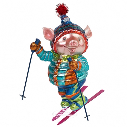 Стеклянная елочная игрушка Свин - Гламурный лыжник 16 см, подвеска Holiday Classics