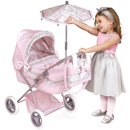 Коляска для куклы Романтик с зонтиком и сумкой 65 см розовая Decuevas Toys
