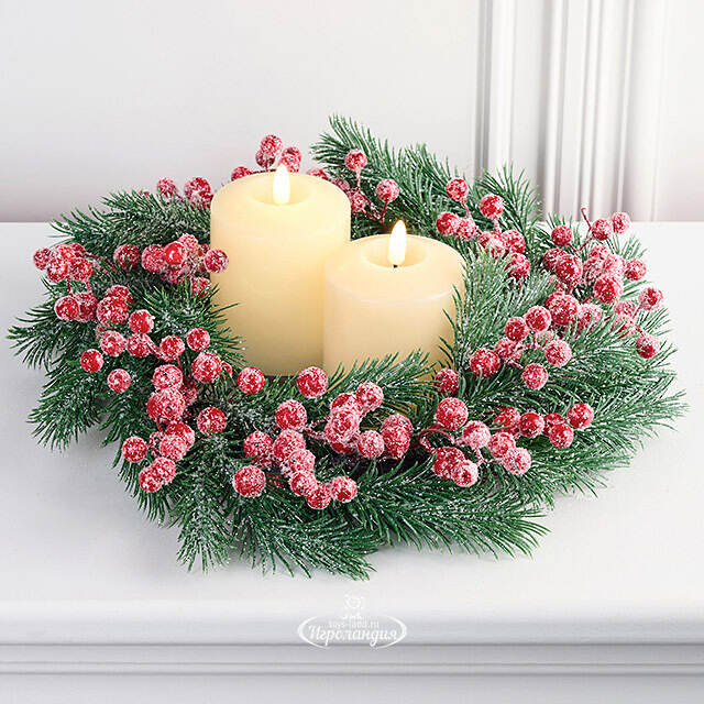 Венок для свечи заиндевелый Ред Берри 35 см, ЛИТАЯ 100% TreeDeLuxe (ТриДеЛюкс)