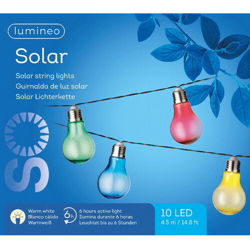 Гирлянда лампочки на солнечной батарее Solar Colour Glowing, 10 разноцветных ламп с теплым белым свечением, 4.5 м, черный ПВХ, IP44 Kaemingk