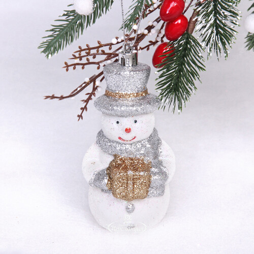 Елочная игрушка Сияющий Снеговичок 12 см, в серебряном, подвеска Serpantin