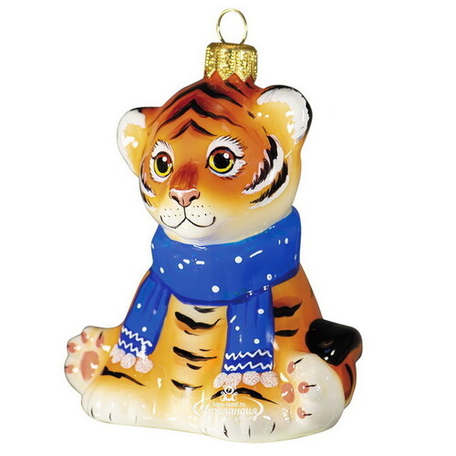 Стеклянная елочная игрушка Тигренок в синем шарфике 9 см, подвеска Фабрика Ариель