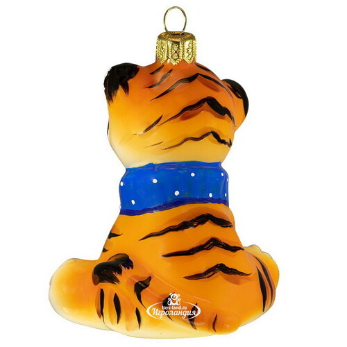 Стеклянная елочная игрушка Тигренок в синем шарфике 9 см, подвеска Фабрика Ариель