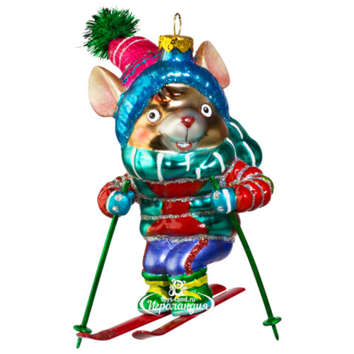 Елочная игрушка Мышонок Стенли на лыжах 13 см, стекло, подвеска Holiday Classics
