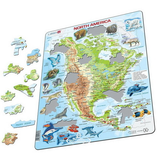 Пазл Карты и Континенты - Северная Америка с животными, 66 элементов, 36*28 см LARSEN