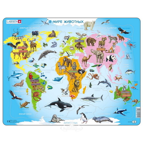 Пазл Карты и Континенты - Карта мира: В мире животных, 28 элементов, 36*28 см LARSEN