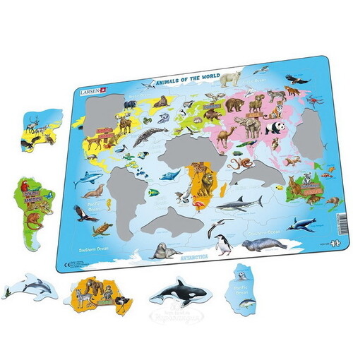 Пазл Карты и Континенты - Карта мира: В мире животных, 28 элементов, 36*28 см LARSEN