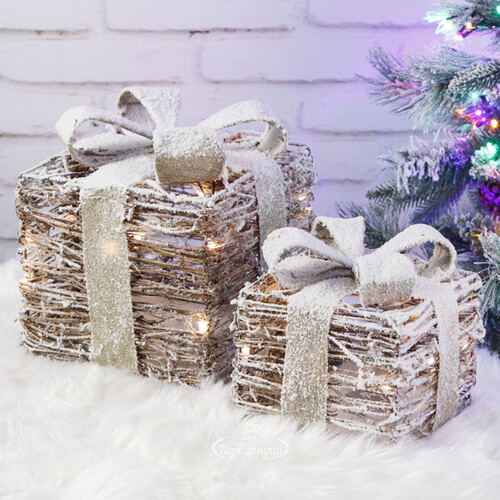 Набор светящихся подарков под елку Snow Gifts 18-24 см, 2 шт, теплые белые LED, на батарейках Koopman