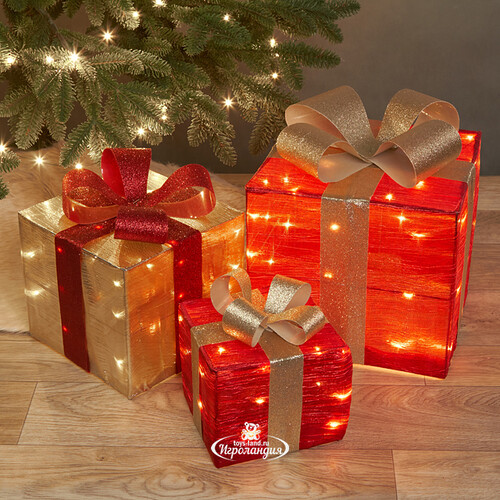 Светящиеся подарки под елку Barrois Red 17-28 см, 3 шт, 90 теплых белых LED, таймер, на батарейках Koopman