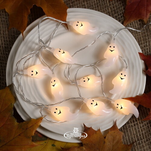 Светодиодная гирлянда на батарейках Хэллоуинские Привидения 10 теплых белых LED ламп, прозрачный ПВХ, IP20 Koopman