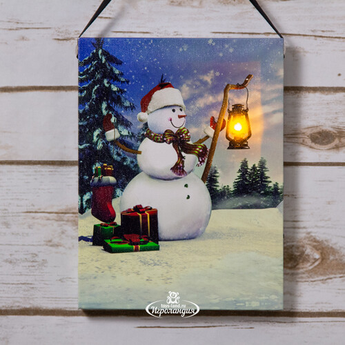 Светодиодная картина Снеговик с подарками 15*20 см на батарейках Peha