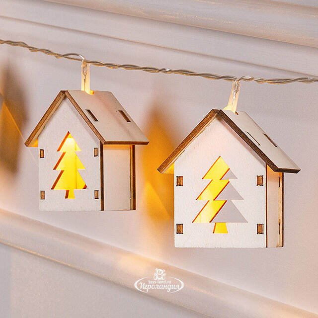 Светодиодная гирлянда Домики Фарелл - Елочки 1.7 м, 10 теплых белых LED ламп, на батарейках, прозрачный ПВХ, IP20 Koopman