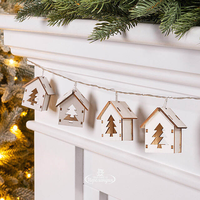 Светодиодная гирлянда Домики Фарелл - Елочки 1.7 м, 10 теплых белых LED ламп, на батарейках, прозрачный ПВХ, IP20 Koopman