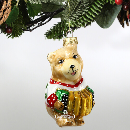 Стеклянная елочная игрушка Медвежонок с гармошкой 10 см, подвеска Коломеев