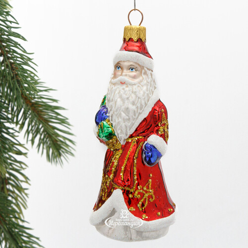 Стеклянная ёлочная игрушка Дед Мороз с мешком подарков 12 см, подвеска Коломеев