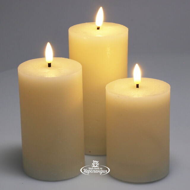 Набор светодиодных восковых свечей Rustic 10-15 см слоновая кость, мерцающее пламя, 3 шт, на батарейках, таймер Koopman