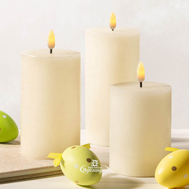 Набор светодиодных восковых свечей Рустик 10-15 см слоновая кость, мерцающее пламя, 3 шт, на батарейках, таймер Koopman (Купман)