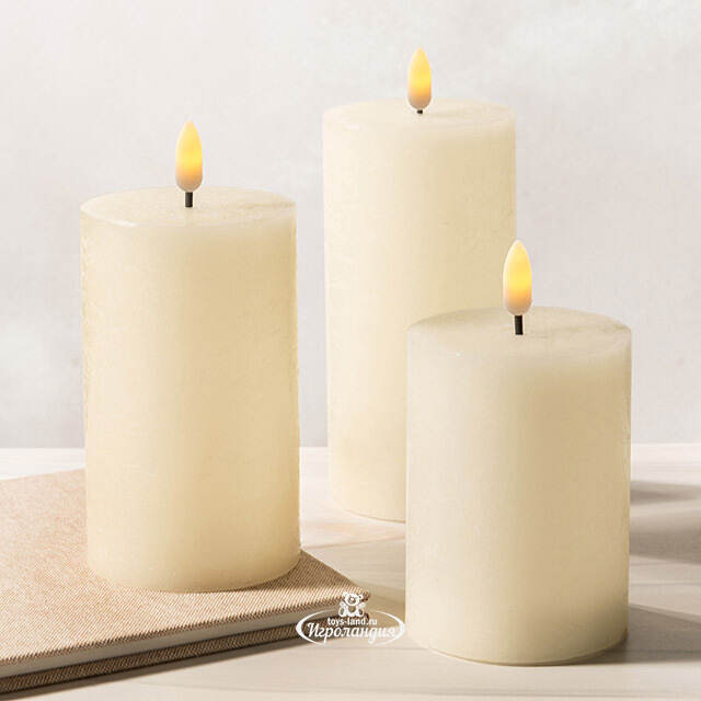 Набор светодиодных восковых свечей Рустик 10-15 см слоновая кость, мерцающее пламя, 3 шт, на батарейках, таймер Koopman (Купман)
