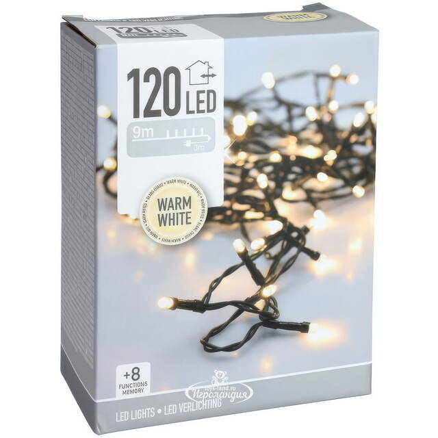 Светодиодная гирлянда Koopman Comfort 9 м, 120 теплых белых LED ламп, зеленый ПВХ, контроллер, таймер, IP44 Koopman (Купман)