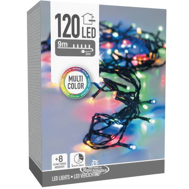 Светодиодная гирлянда Koopman Comfort 9 м, 120 разноцветных LED ламп, зеленый ПВХ, контроллер, таймер, IP44 Koopman (Купман)
