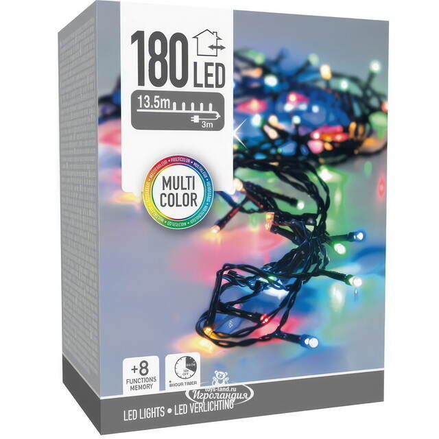 Светодиодная гирлянда Koopman Comfort 13.5 м, 180 разноцветных LED ламп, зеленый ПВХ, контроллер, таймер, IP44 Koopman (Купман)