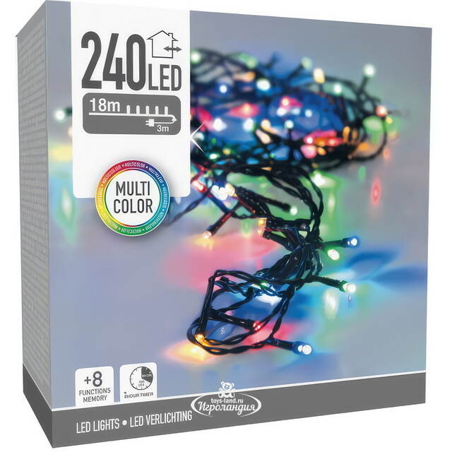 Светодиодная гирлянда Koopman Comfort 18 м, 240 разноцветных LED ламп, зеленый ПВХ, контроллер, таймер, IP44 Koopman (Купман)