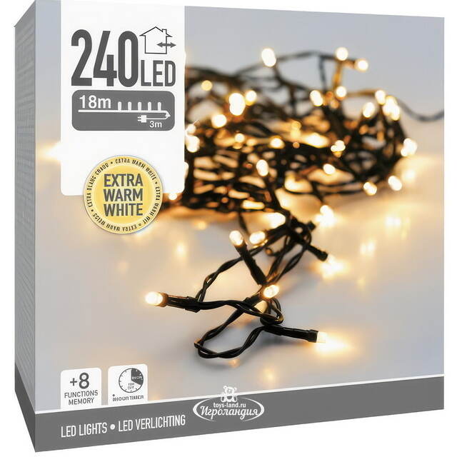 Светодиодная гирлянда Koopman Comfort 18 м, 240 экстра теплых белых LED ламп, зеленый ПВХ, контроллер, таймер, IP44 Koopman (Купман)