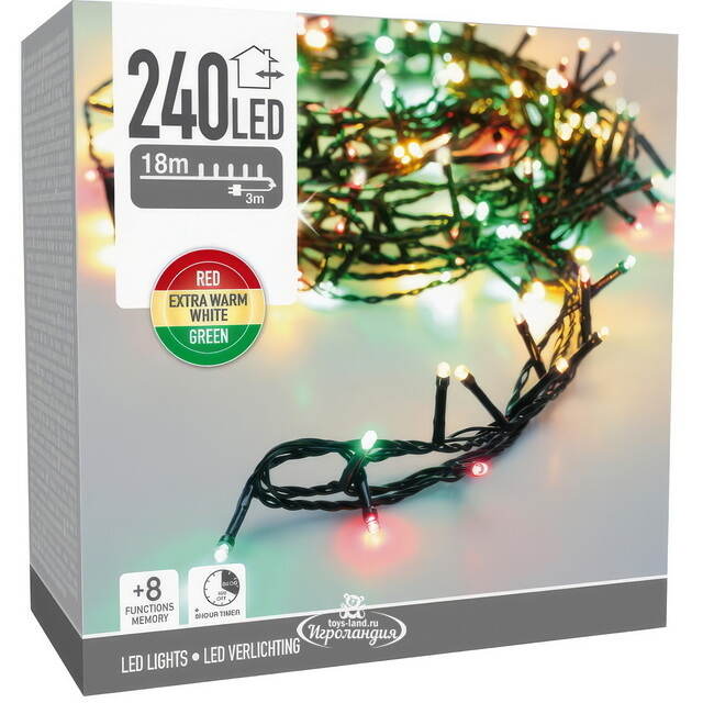 Светодиодная гирлянда Koopman Comfort Italian 18 м, 240 разноцветных LED ламп, зеленый ПВХ, контроллер, таймер, IP44 Koopman (Купман)