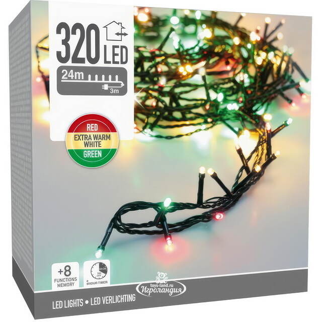 Светодиодная гирлянда Koopman Comfort Italian 24 м, 320 разноцветных LED ламп, зеленый ПВХ, контроллер, таймер, IP44 Koopman (Купман)