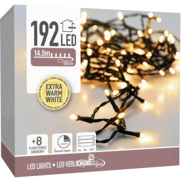 Светодиодная гирлянда на батарейках Koopman 14.4 м, 192 экстра теплых белых LED ламп, черный ПВХ, контроллер, таймер, IP44 Koopman (Купман)